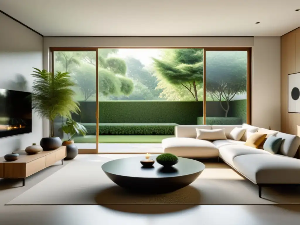 Espacio tranquilo con técnicas de Feng Shui para hogar, ambiente equilibrado y sereno con luz natural suave