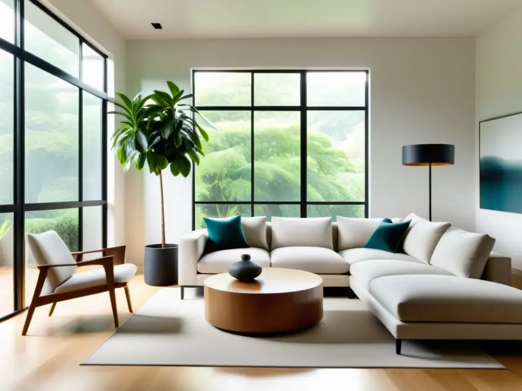 Espacio tranquilo con ubicación de muebles para flujo Chi positivo, decoración armoniosa y luz natural