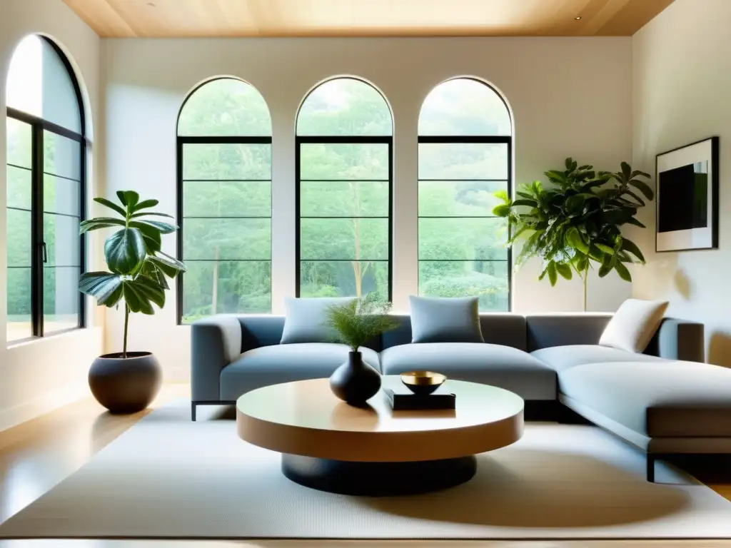 Armonización del espacio con Feng Shui para vejez: Sala de estar serena y minimalista con luz natural suave y mobiliario despejado