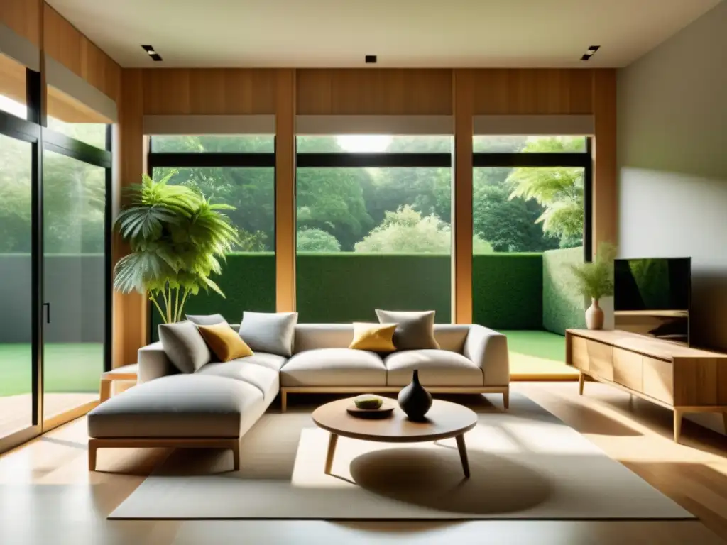 Espacio de vida armonioso con Feng Shui en arquitectura sostenible, muebles de madera y vista a jardín exuberante