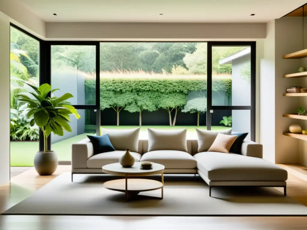 Espacio de vida armonioso según los principios del Feng Shui para armonía sostenible, con decoración elegante y relajante, iluminado por luz natural