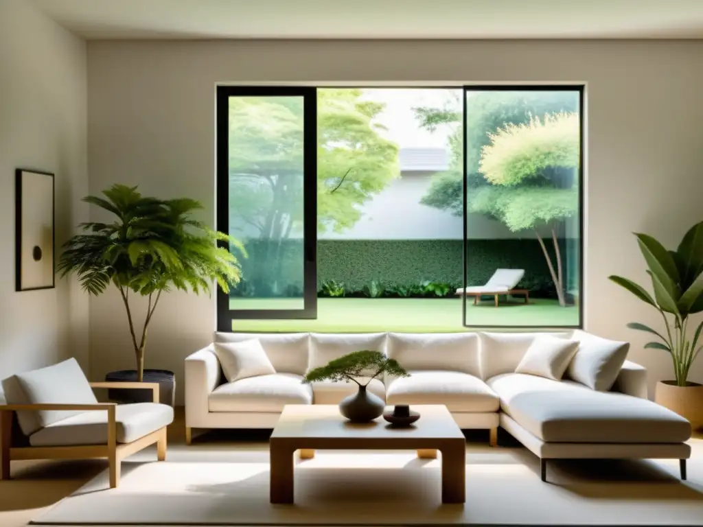 Espacio de vida minimalista con Feng Shui para armonía emocional en sala con ventana grande y vista a jardín sereno