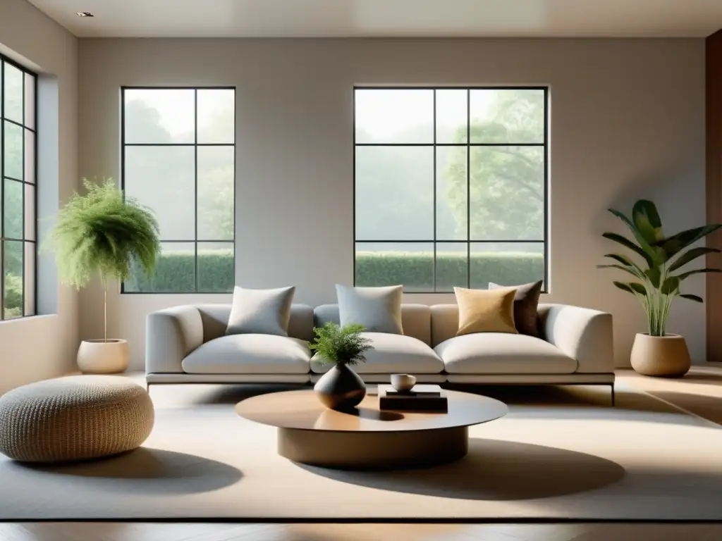 Espacio de vida minimalista y armonioso con influencia del Feng Shui, decorado con serenidad y elegancia