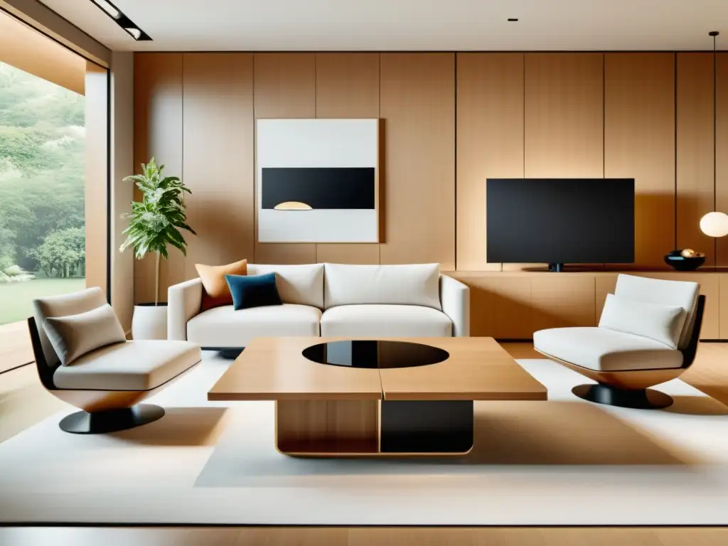 Espacio de vida minimalista con arquitectura robótica y feng shui, integrando muebles inteligentes y diseño armonioso