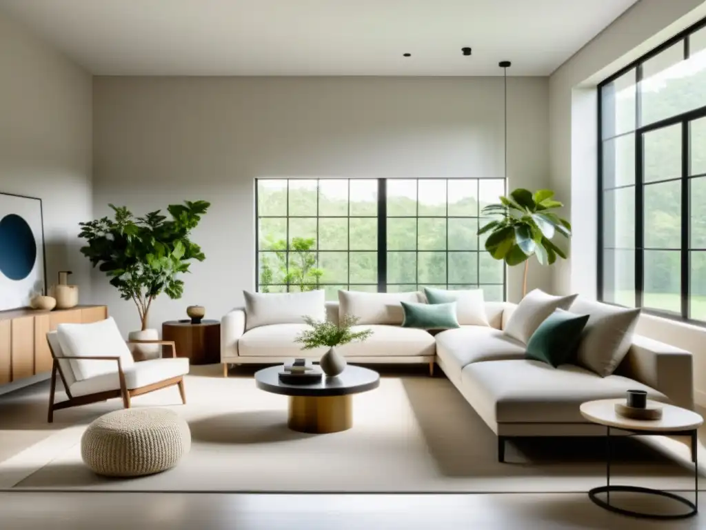 Espacio de vida minimalista con diseño de interiores y feng shui, bañado en luz natural y armonía serena