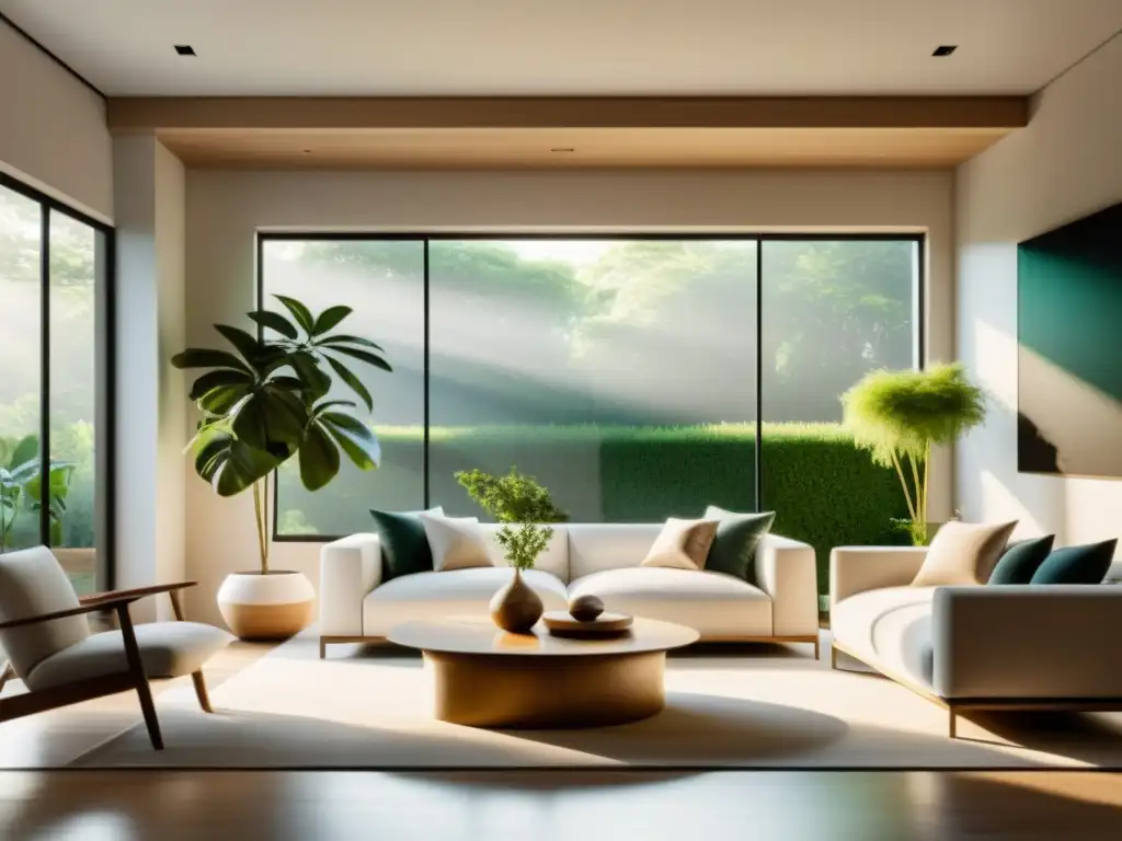 Espacio de vida minimalista con iluminación para hogar Feng Shui, decorado con armonía y equilibrio bajo la cálida luz natural