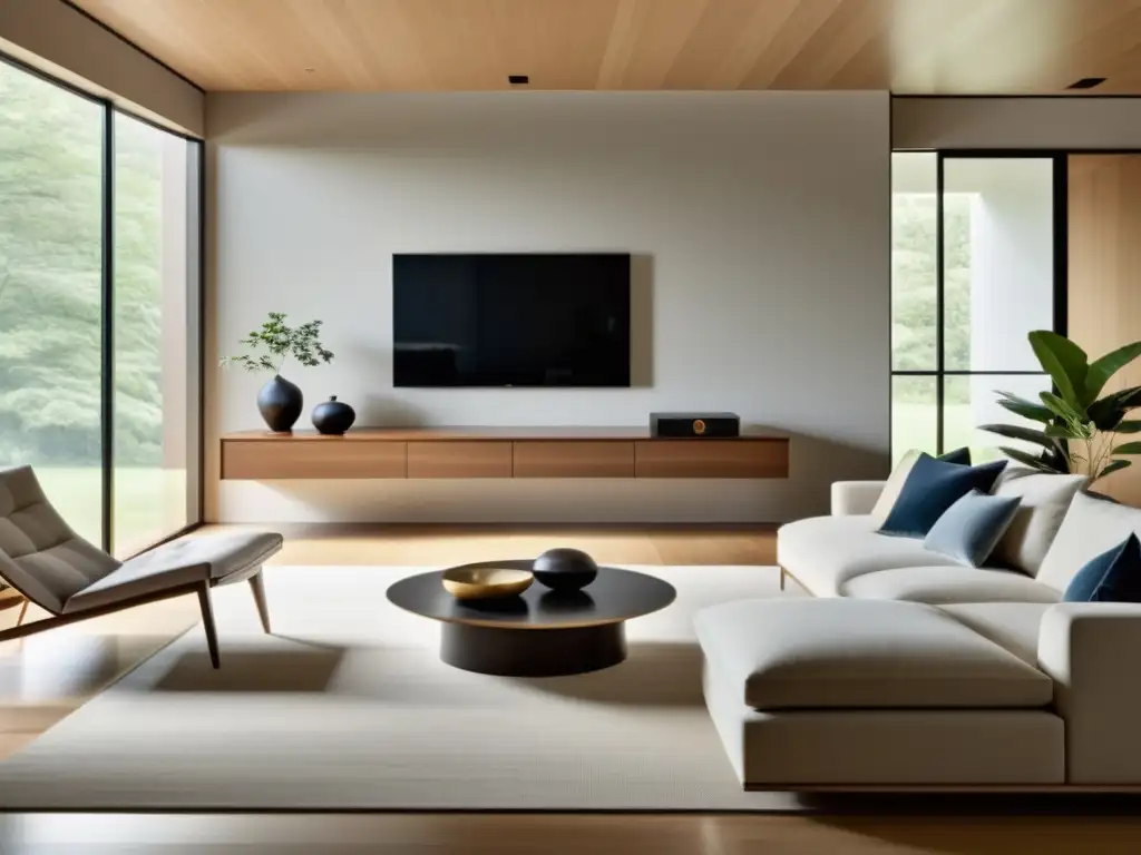 Espacio de vida minimalista con luz natural suave, decoración neutral y sistema de sonido moderno