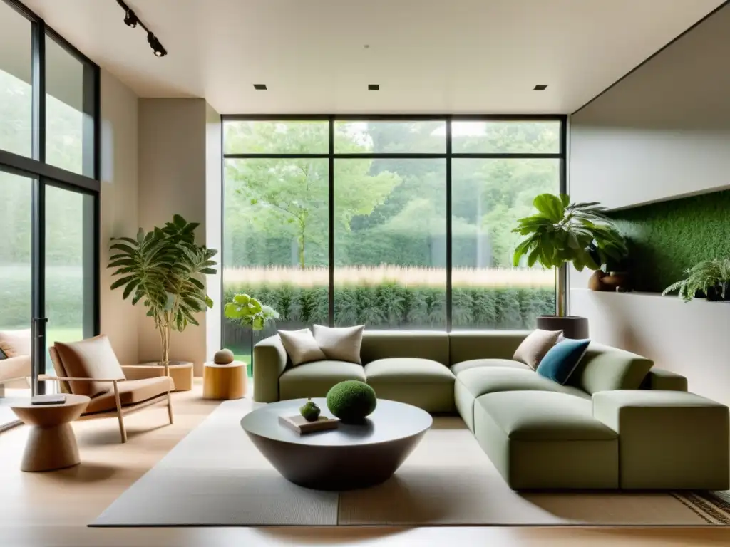 Espacio de vida minimalista con mobiliario sostenible y jardín interior, evocando el arte del Feng Shui en diseño consciente