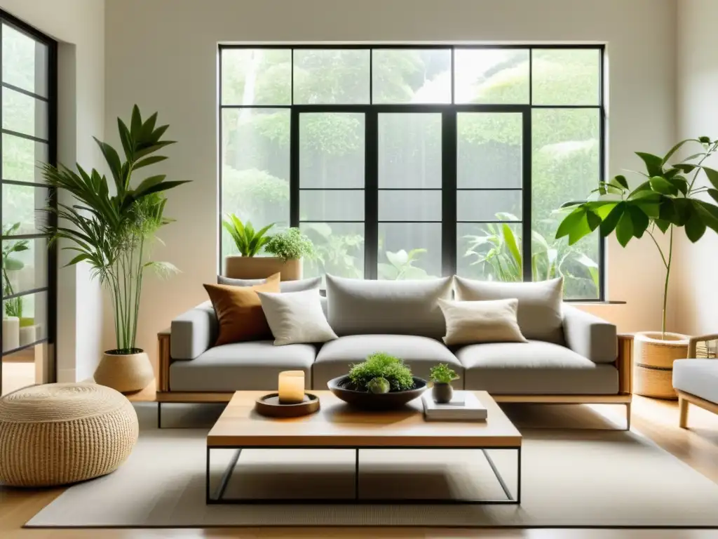 Espacio de vida minimalista con muebles sostenibles y Feng Shui para hogar