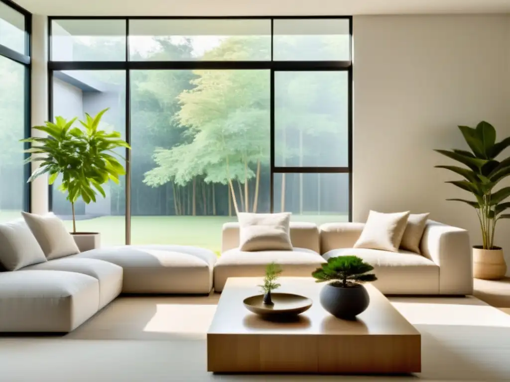 Espacio de vida minimalista con principios de Feng Shui en renovación energética, decorado en tonos neutros y muebles sencillos