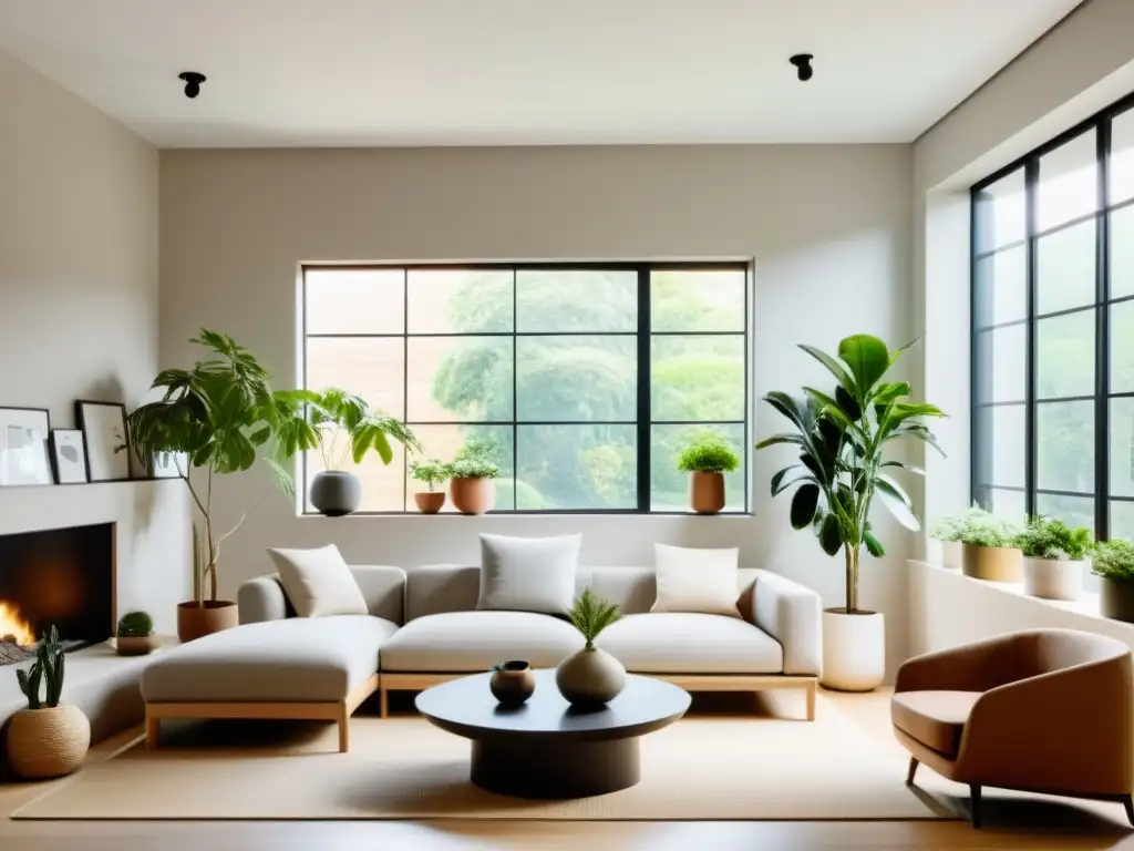 Espacio de vida minimalista con Feng Shui para reciclaje en casa, iluminado por luz natural y plantas estratégicamente ubicadas