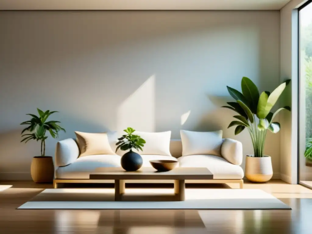 Salón minimalista sereno con energía positiva Espacio de vida minimalista y sereno con elementos de Feng Shui para limpieza energética hogar