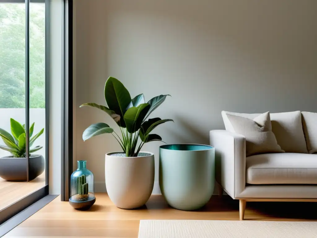 Espacio de vida moderno con plantas, reciclaje y Feng Shui para reciclaje consciente, transmitiendo armonía y sostenibilidad