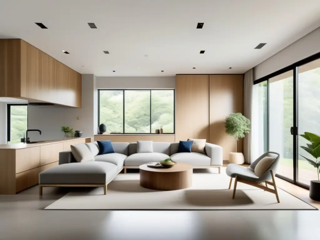 Espacio de vida modular sereno con diseño Feng Shui, inundado de luz natural