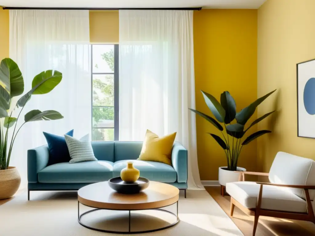 Espacio de vida sereno con colores verano y luz cálida, perfecto para paletas estacionales de colores Feng Shui