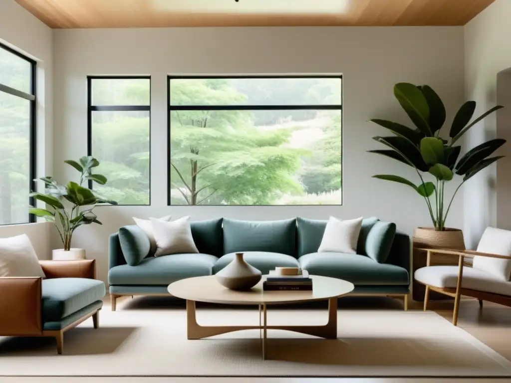 Espacio de vida sereno con diseño de interiores con Feng Shui, armonía y equilibrio en tonos neutros y líneas limpias