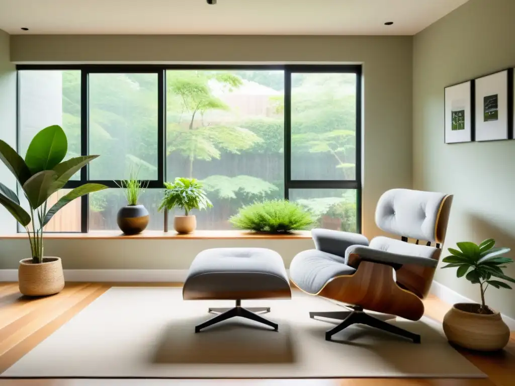 Espacio de vida sereno con EcoDiseño y Feng Shui, destacando un acogedor rincón de lectura con silla reciclada y jardín interior