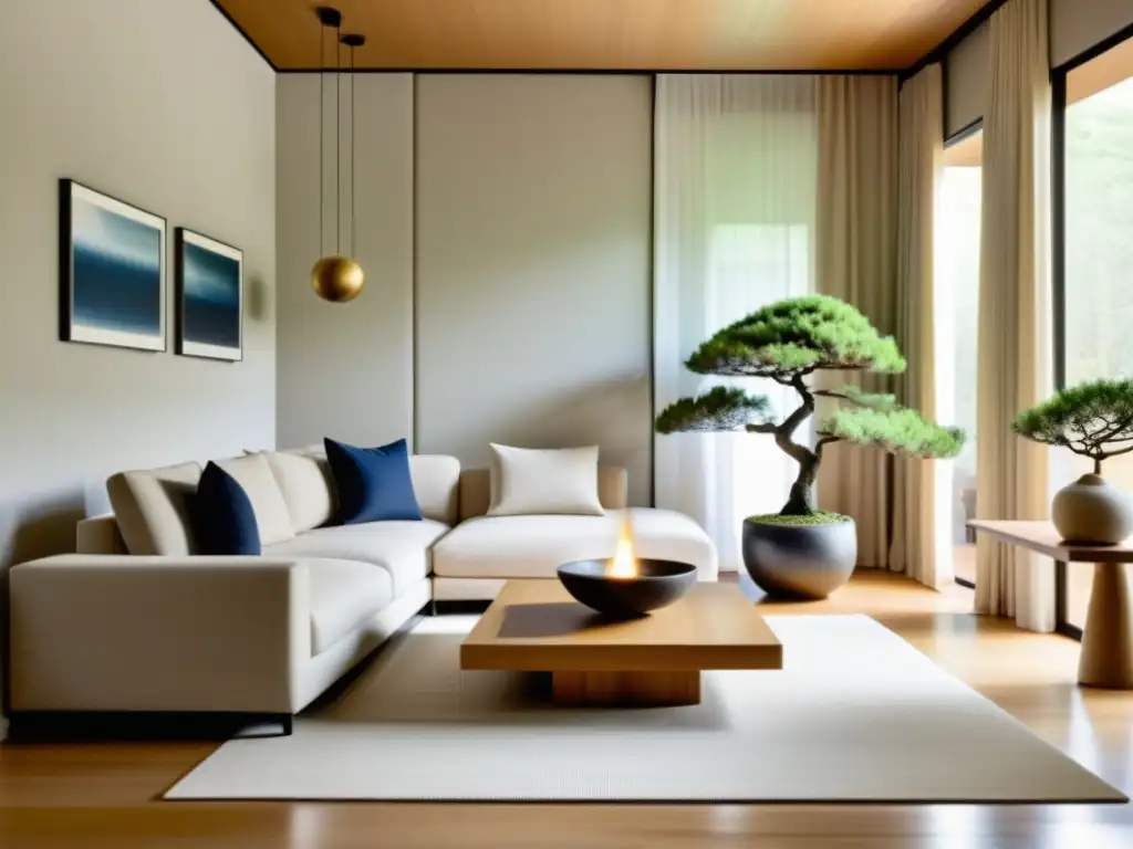 Espacio de vida sereno y minimalista con integración del Feng Shui en Occidente, equilibrio y moderna elegancia