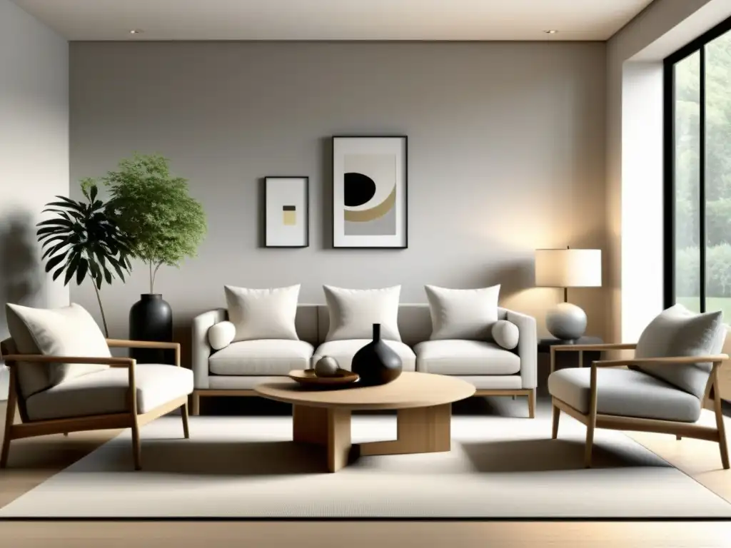 Salón minimalista y armonioso según Feng Shui Espacio de vida sereno y minimalista con decoración según principios de Feng Shui