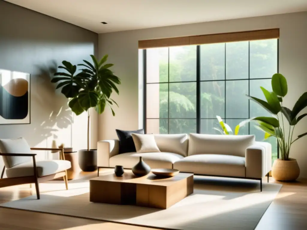 Espacio de vida sereno y minimalista con técnicas Feng Shui, iluminación consciente y armonía natural