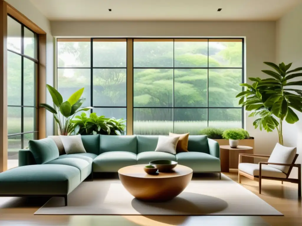 Espacio de vida sereno y minimalista con diseño Feng Shui para renovación sostenible, integrando jardín interior tranquilo y armonioso