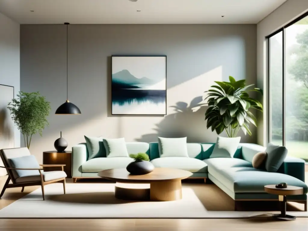 Espacio de vida sereno y minimalista, con diseño visual Feng Shui, muebles cuidadosamente dispuestos, líneas limpias y colores neutros