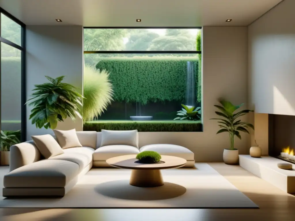 Espacio de vida sereno con principios de Feng Shui en renovación energética, ventana grande y jardín tranquilo