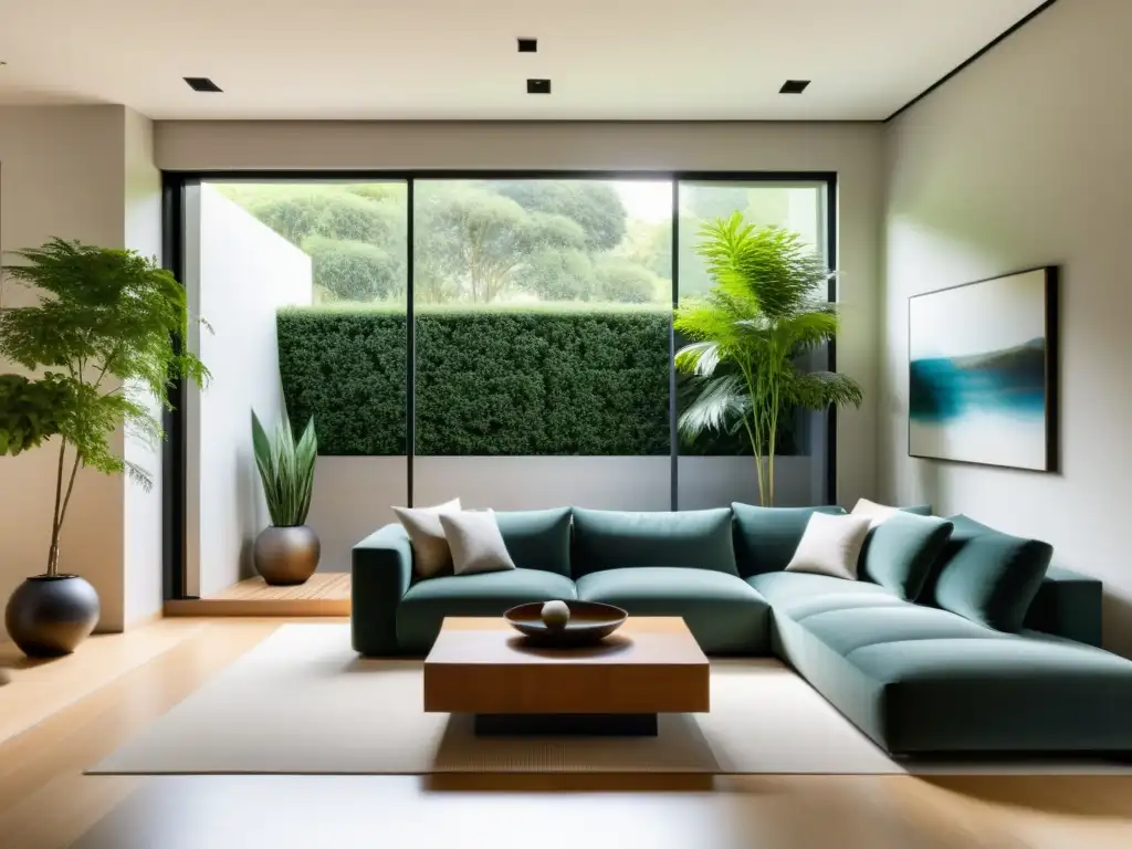 Espacio de vida tranquilo con Feng Shui para adultos mayores en sala minimalista con vista a jardín sereno y mobiliario elegante en tonos terrosos