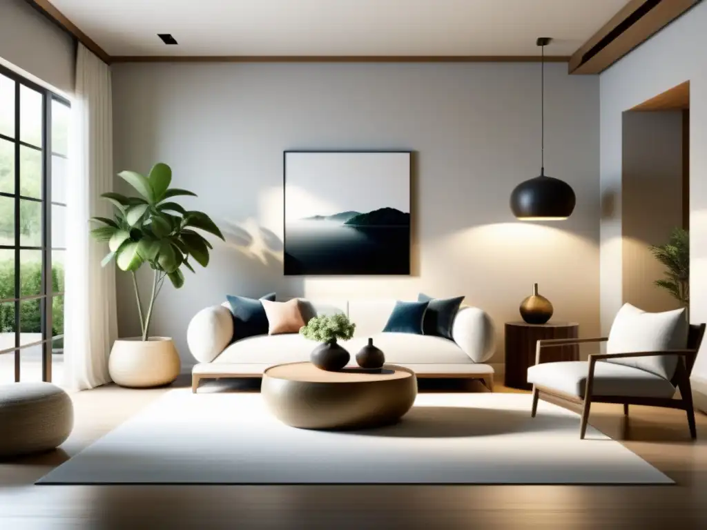 Un espacio virtual sereno y minimalista con diseño de espacios virtuales Feng Shui, iluminación natural y armonía equilibrada