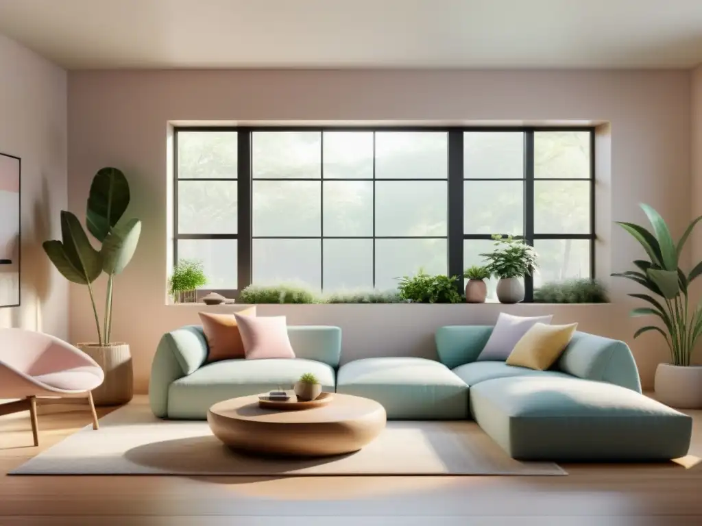 Espacio virtual sereno con decoración minimalista, luz natural y paleta de colores suaves