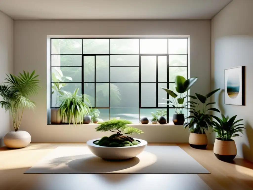 Espacio virtual sereno con principios de Feng Shui, iluminado por luz natural