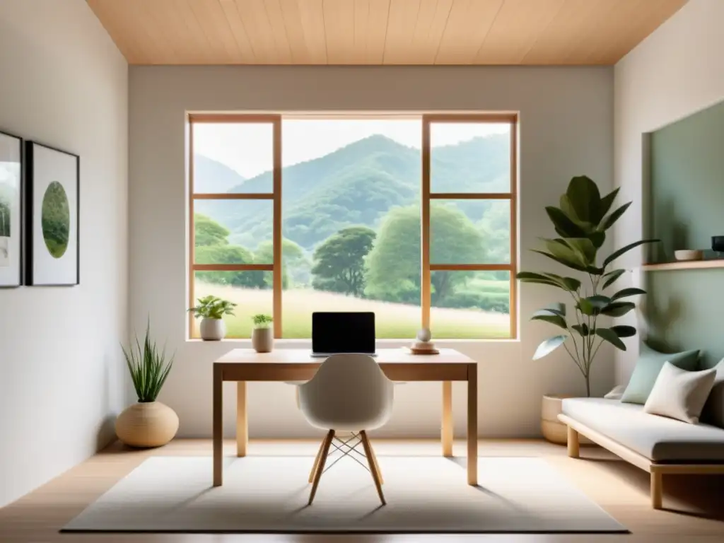 Espacio virtual sereno para talleres virtuales de Feng Shui, con decoración minimalista y armoniosa, bañado en luz natural