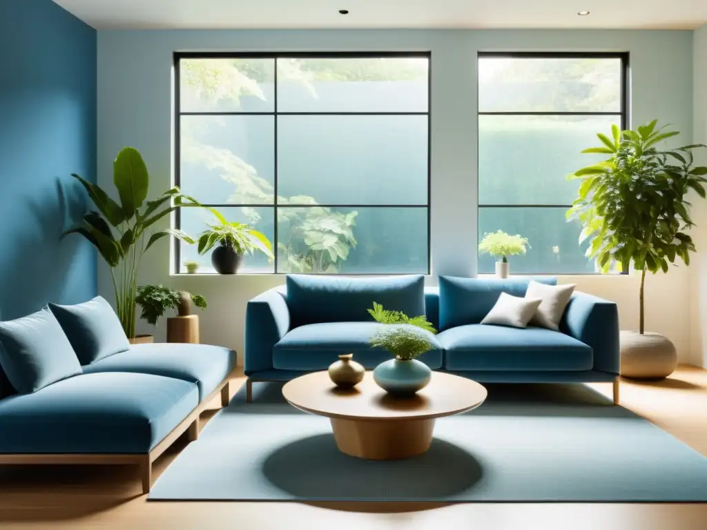 Serenidad Feng Shui: Salón Minimalista Armonioso Espacio vital despejado y tranquilo con elementos Feng Shui para limpieza energética hogar
