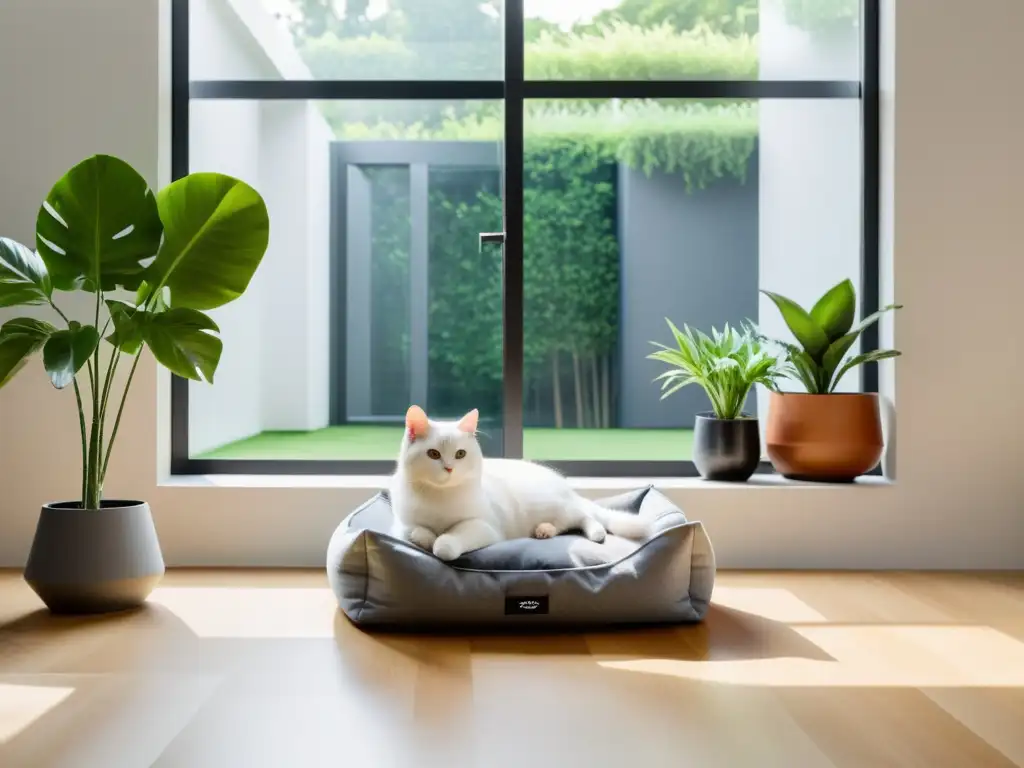 Espacio vital con gato blanco relajado en cama geométrica, decorado con líneas limpias y plantas para mejorar energía vital áreas mascotas