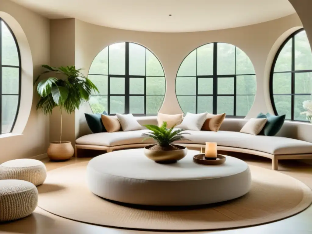 Espacio vital minimalista con Feng Shui en fiestas y celebraciones: sala de estar serena con tonos suaves, luz cálida y cojines en el suelo