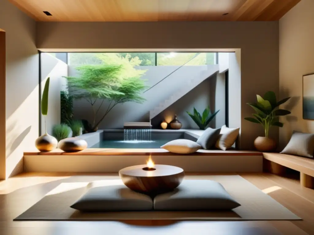 Espacio zen con colores y materiales para feng shui: sala minimalista con cojines en el suelo, elementos de meditación y luz natural