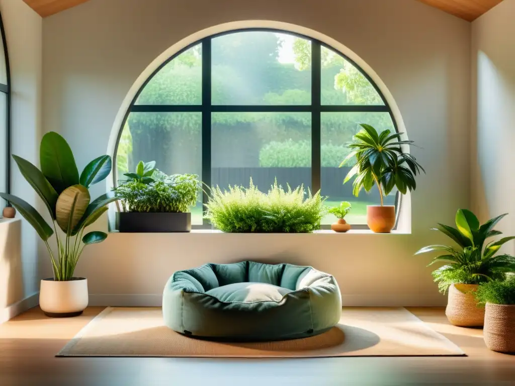 Espacio de ubicación zonas mascotas Feng Shui en sala minimalista con vista a jardín y luz suave