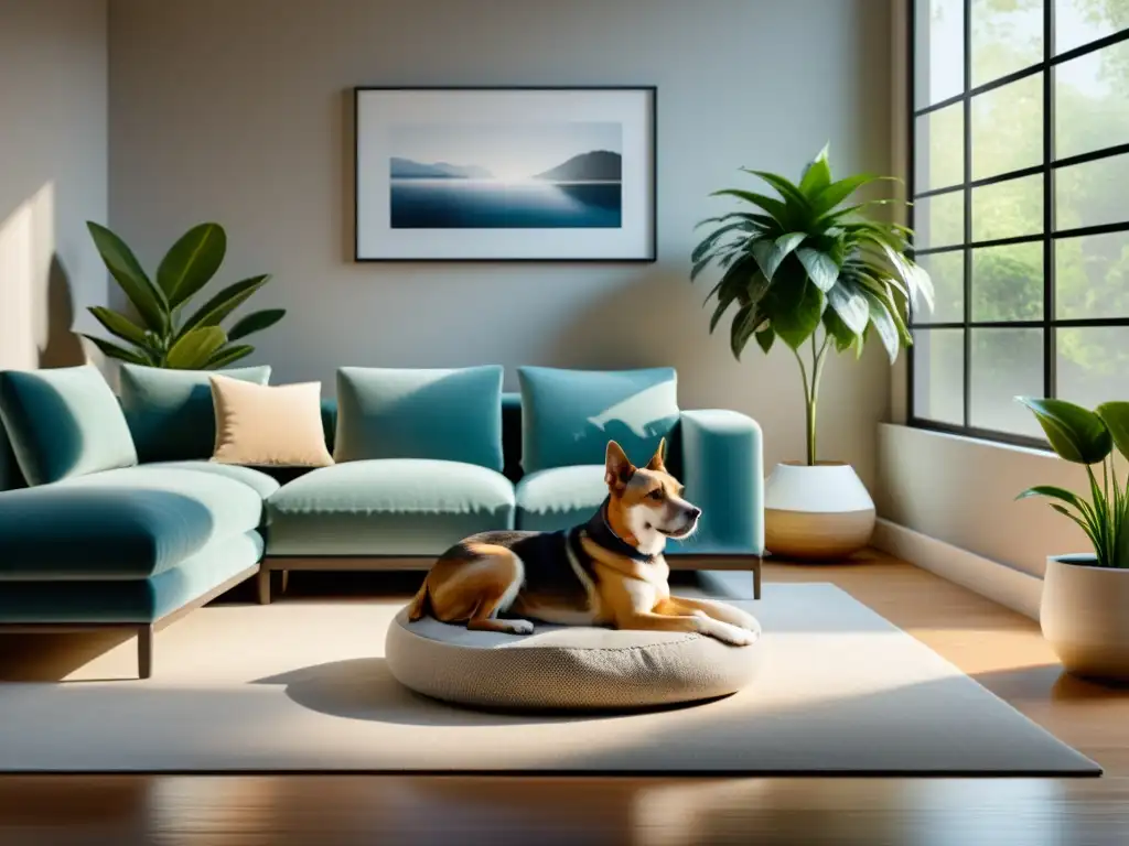 Espacios armoniosos para mascotas Feng Shui: Sala de estar serena con decoración minimalista y acogedora cama para mascotas junto a una ventana grande