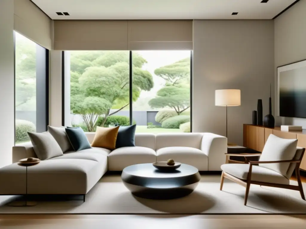 Espacios de convivencia según Feng Shui: Sala minimalista serena con mobiliario armonioso y ventana luminosa