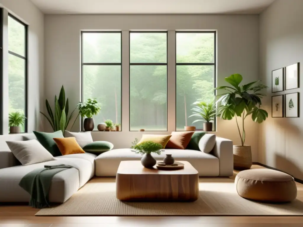 Espacios de convivencia según Feng Shui: Sala acogedora con tonos terrosos, cojines en el suelo, iluminación suave y plantas en macetas