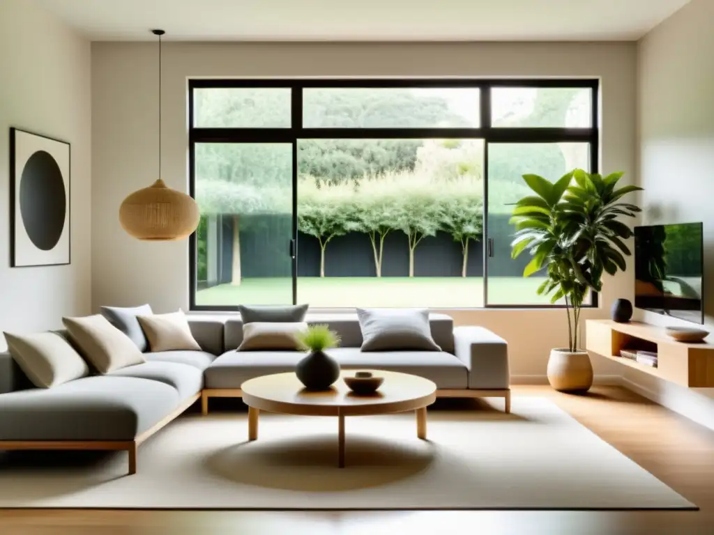 Espacios de convivencia según Feng Shui: Sala de estar minimalista con vista a un jardín, muebles equilibrados, materiales naturales y colores suaves