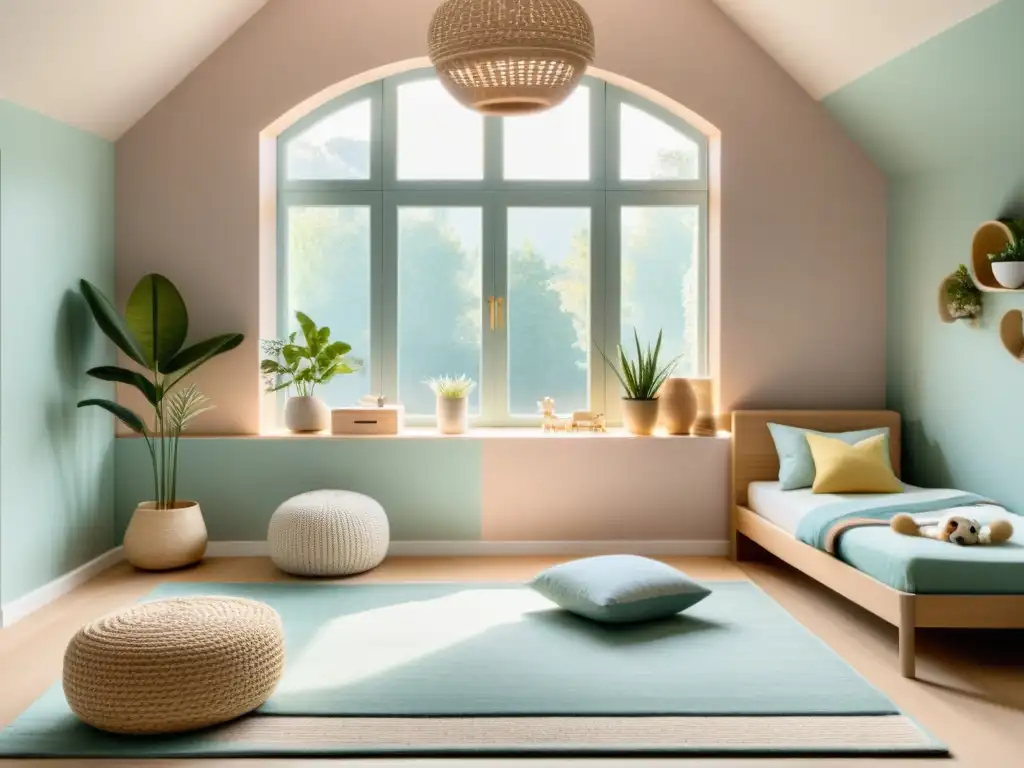 Espacios para el desarrollo infantil: Habitación infantil serena y minimalista con colores pasteles, luz natural y mobiliario armonioso