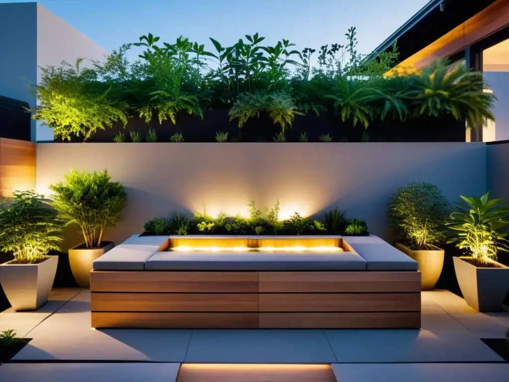 Espacios de descanso con Feng Shui: Jardín de azotea minimalista con banco de madera rodeado de plantas y fuente