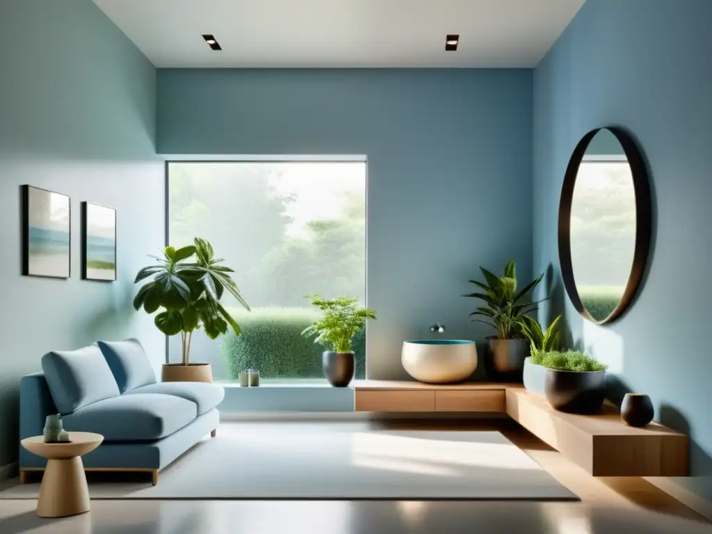 Espacios de descanso con Feng Shui: ambiente sereno con ventana de piso a techo, muebles modernos, fuente interior y plantas