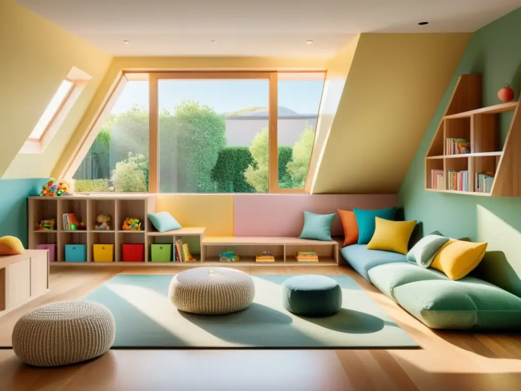 Espacios innovadores para niños feng shui: una sala de juegos minimalista con tonos suaves y toques naturales, llena de luz y armonía