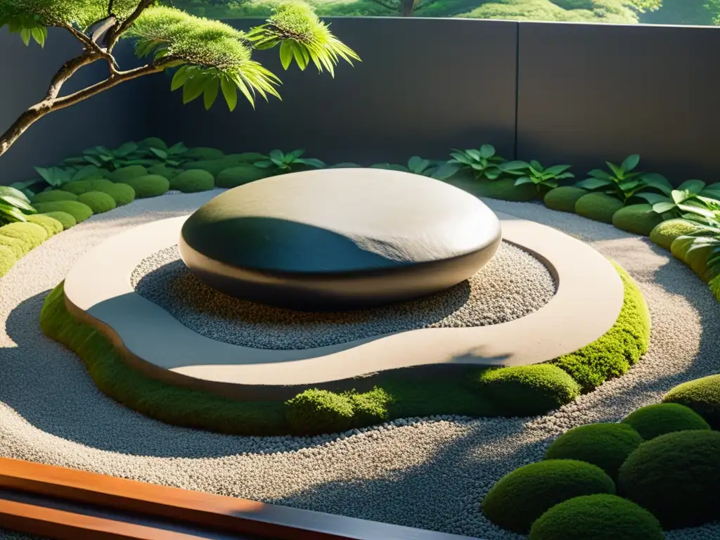 Espacios de meditación en jardines: Jardín zen japonés con rocas, grava y vegetación, creando armonía y serenidad