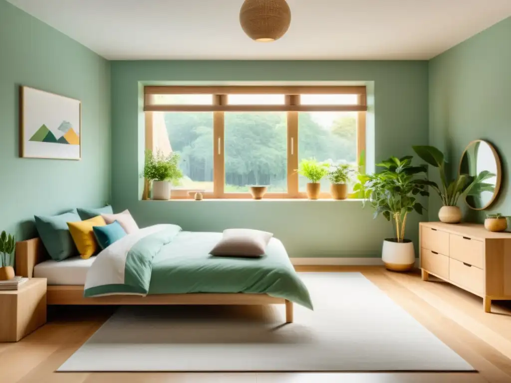 Espacios limpios y ecológicos para niños: Dormitorio infantil minimalista, ecológico, con muebles de madera natural y ropa de cama suave en tonos pasteles, con plantas en maceta estratégicamente ubicadas para flujo óptimo de energía Feng Shui