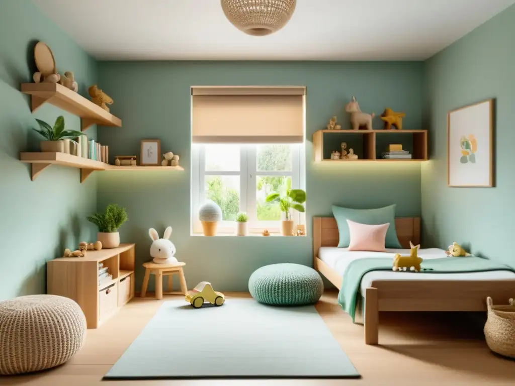 Espacios limpios y ecológicos para niños: Dormitorio infantil sereno, ordenado y ecológico con muebles de madera, ropa de cama orgánica y plantas