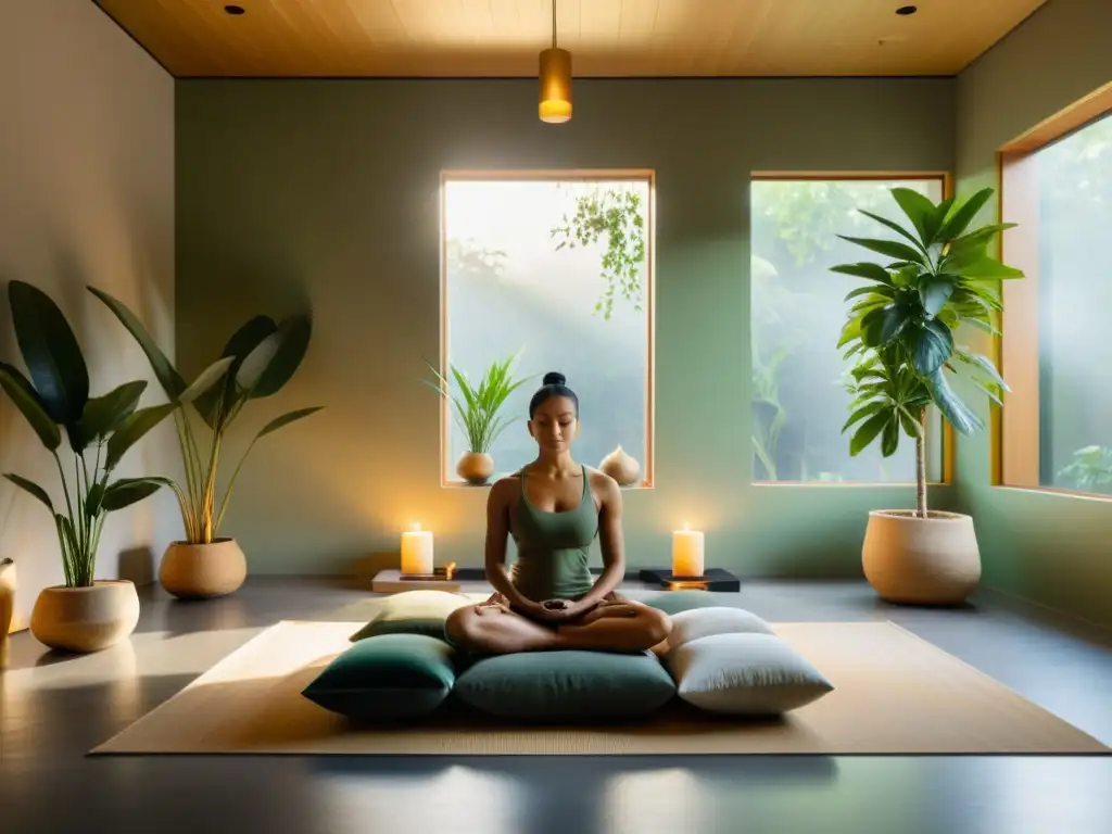 Espacios de meditación con Feng Shui: Sala minimalista con luz dorada, cojines neutros, incienso, fuente y plantas verdes