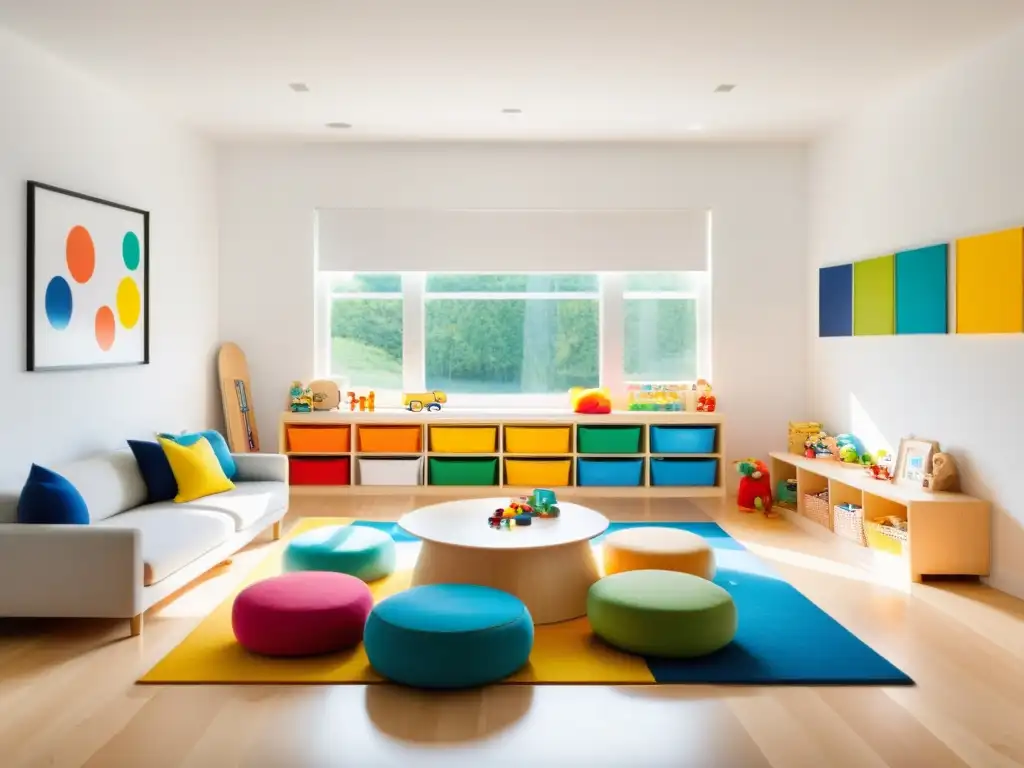 'Espacios Feng Shui para niños: Sala de juegos minimalista con luz natural, juguetes organizados y ambiente acogedor